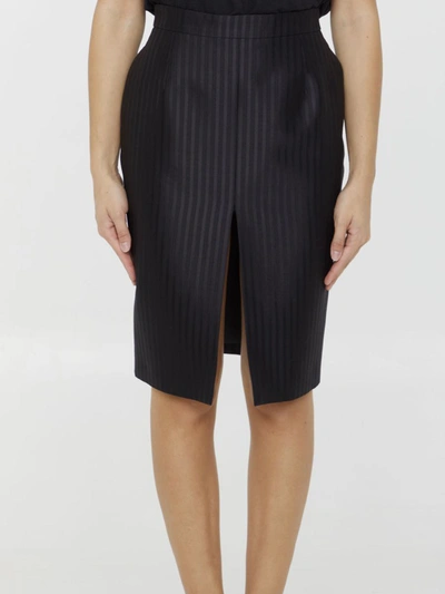 Shop Saint Laurent Striped Wool And Silk Skirt In Black