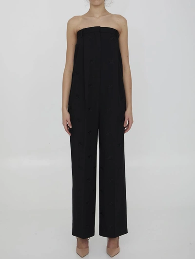 Burberry Strapless Wool Jumpsuit With Embroidered Equestrian Pattern In Black
