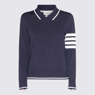 Shop Thom Browne Navy Blue And White Viscose Blend Polo Jumper