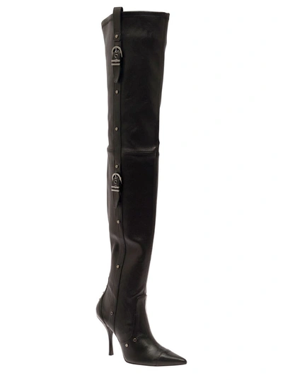 Shop Stuart Weitzman Black Over-the-knee Boots With Buckle Detail In Smooth Leather Woman
