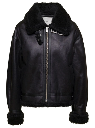 Shop Dunst Black Loose Fit Jacket With Shearling Trim In Faux Leather Woman