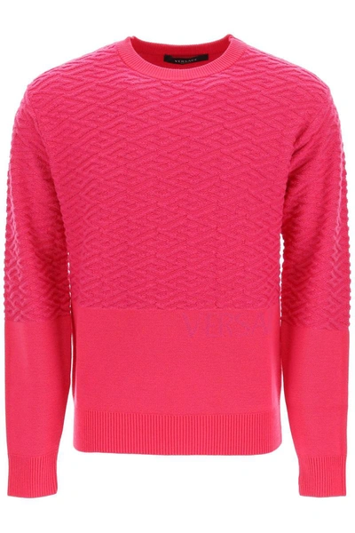 Shop Versace 'la Greca' Wool Sweater In Fuchsia