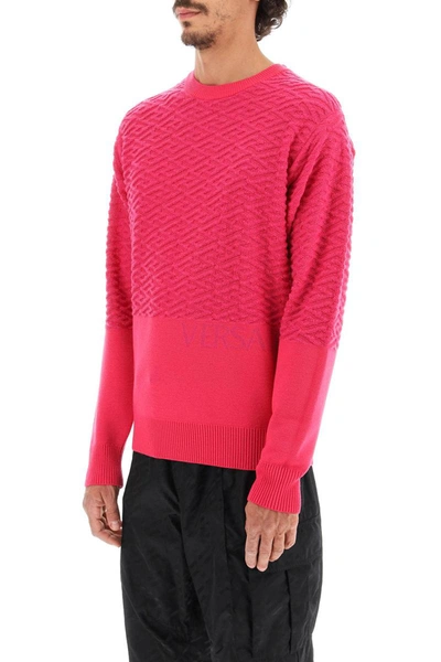 Shop Versace 'la Greca' Wool Sweater In Fuchsia