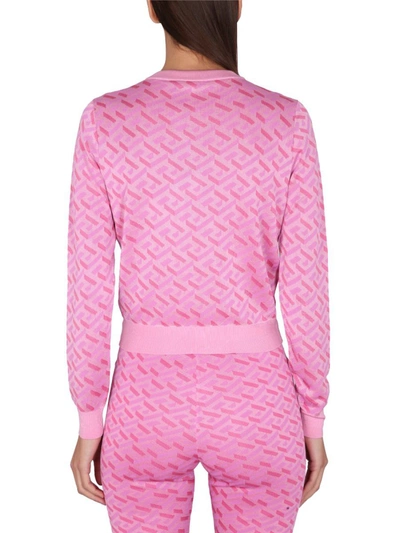 Shop Versace Jacquard Cardigan La Greca In Pink