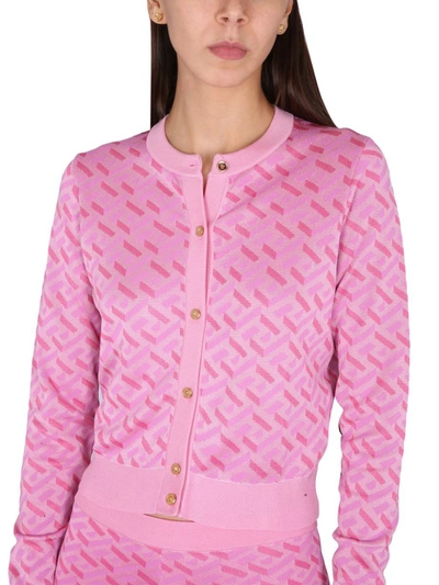 Shop Versace Jacquard Cardigan La Greca In Pink