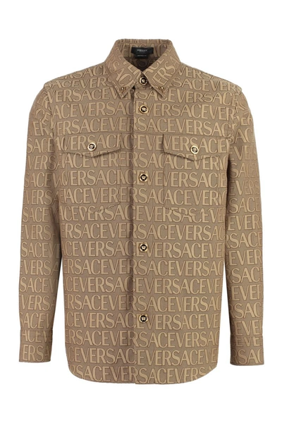 Shop Versace Jacquard Fabric Overshirt With Logo In Brown