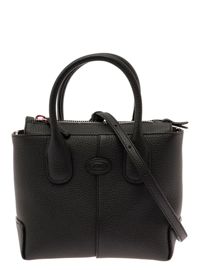Shop Tod's Black Handbag With Tonal Logo Patch In Hammered Leather Woman