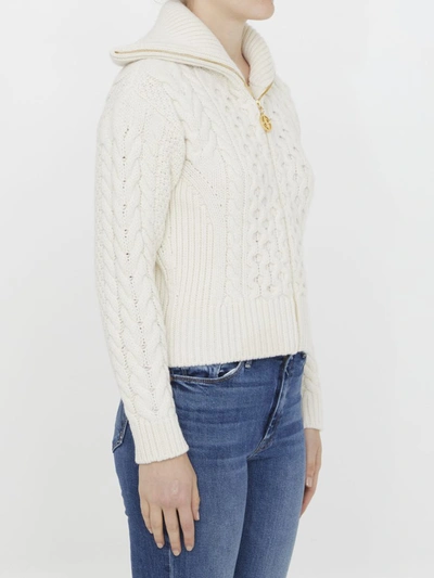 Shop Patou Zipped Cable Knit Cardigan In Ivory