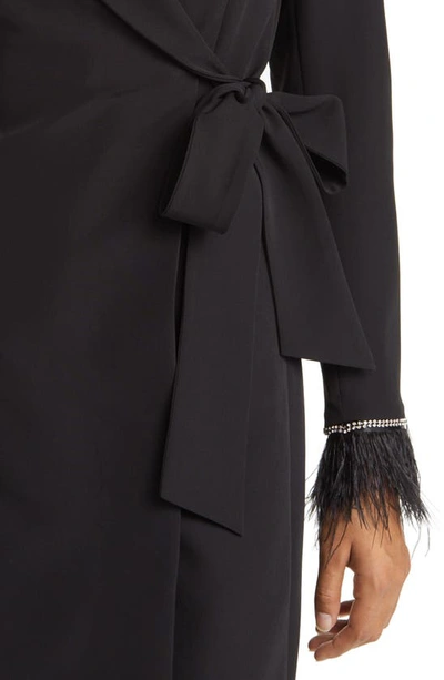 Shop Tahari Asl Feather Cuff Long Sleeve Wrap Blazer Dress In Black