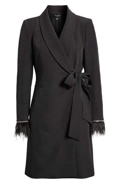 Shop Tahari Asl Feather Cuff Long Sleeve Wrap Blazer Dress In Black
