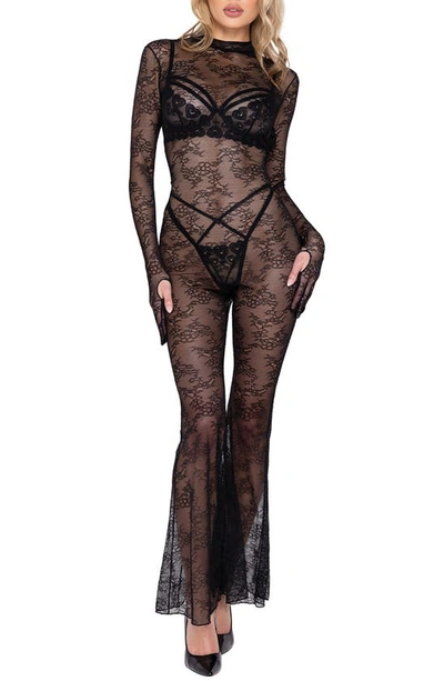 Shop Roma Confidential Floral Long Sleeve Lace Bell Bottom Catsuit In Black