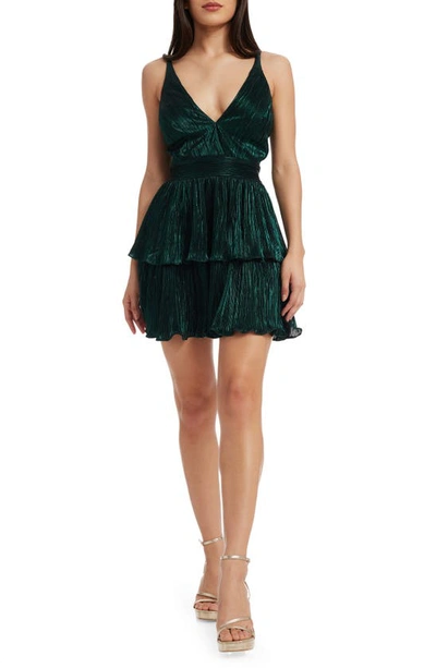 Shop Dress The Population Tasha Metallic Plissé Minidress In Deep Emerald