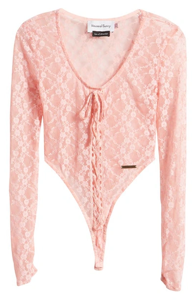 Shop House Of Sunny Love Lace Long Sleeve Bodysuit In Blush