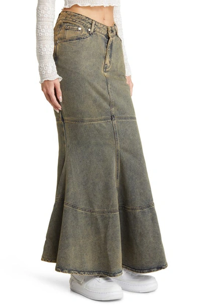 Shop House Of Sunny Courtyard Trumpet Denim Maxi Skirt In Clay