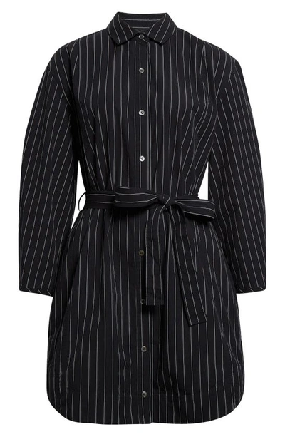Shop Atm Anthony Thomas Melillo Pinstripe Belted Long Sleeve Poplin Shirtdress In Black