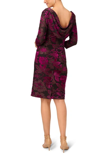 Shop Adrianna Papell Floral Metallic Drape Back Three-quarter Sleeve Midi Burnout Velvet Sheath Dress In Black/ Violet