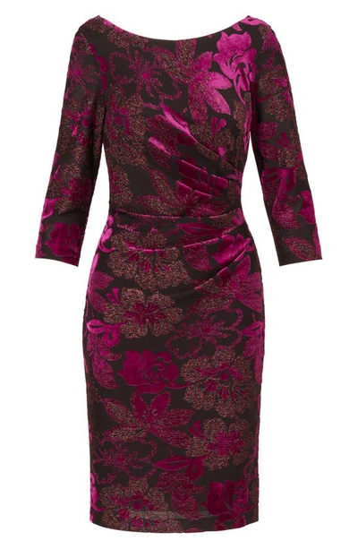 Shop Adrianna Papell Floral Metallic Drape Back Three-quarter Sleeve Midi Burnout Velvet Sheath Dress In Black/ Violet