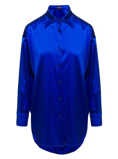Shop Tom Ford Blue Relaxed Shirt With Pointed Collar In Stretch Silk Woman
