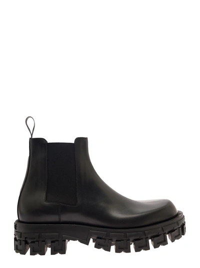 Shop Versace Black Chelsea Boots With Greca Platform In Smooth Leather Man