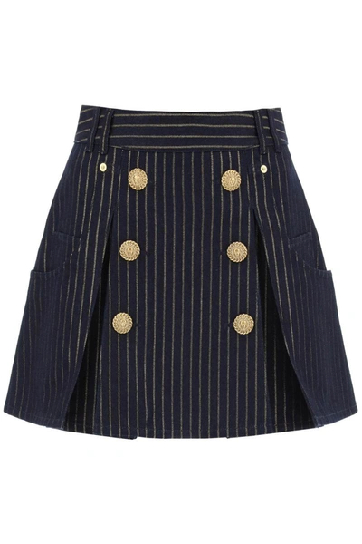 Shop Balmain Pinstriped-denim Mini Skirt In Multicolor
