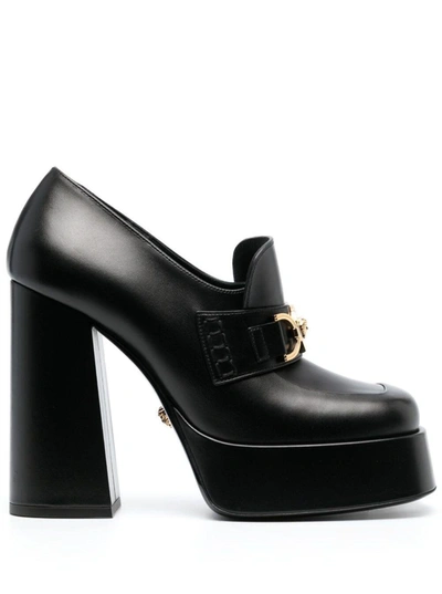 Shop Versace Platform Loafers With Medusa Logo In Black Calf Leather Woman