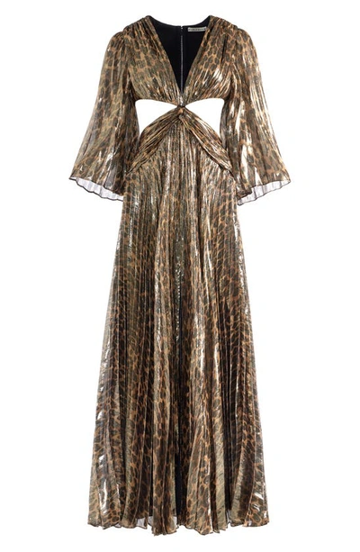 Shop Alice And Olivia Bahama Metallic Pleated Cutout Silk Blend Maxi Dress In Spotted Leopard