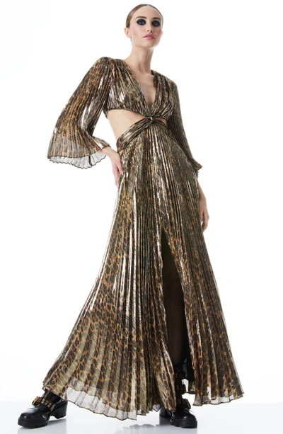 Shop Alice And Olivia Bahama Metallic Pleated Cutout Silk Blend Maxi Dress In Spotted Leopard