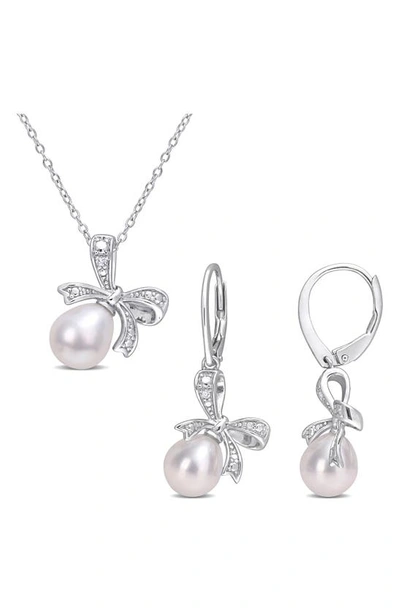 Delmar Sterling Silver 7.5–9mm Cultured Freshwater Pearl & Moissanite Bow Drop Earrings & Necklace S In White