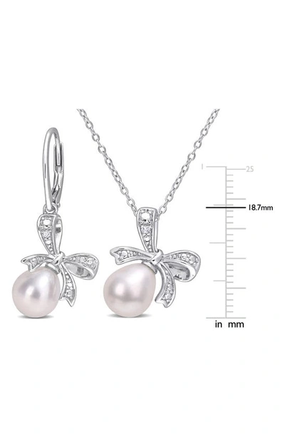 Delmar Sterling Silver 7.5–9mm Cultured Freshwater Pearl & Moissanite Bow Drop Earrings & Necklace S In White
