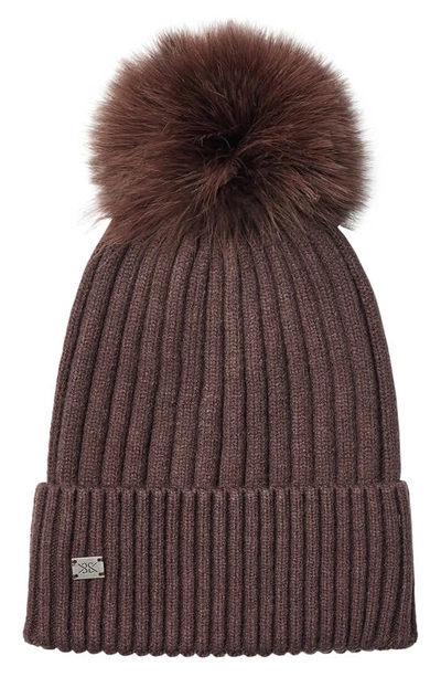 Shop Soia & Kyo Ribbed Beanie With Feather Pom In Mushroom