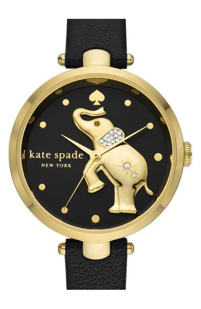 Shop Kate Spade Holland Elephant Leather Strap Watch, 34mm In Black