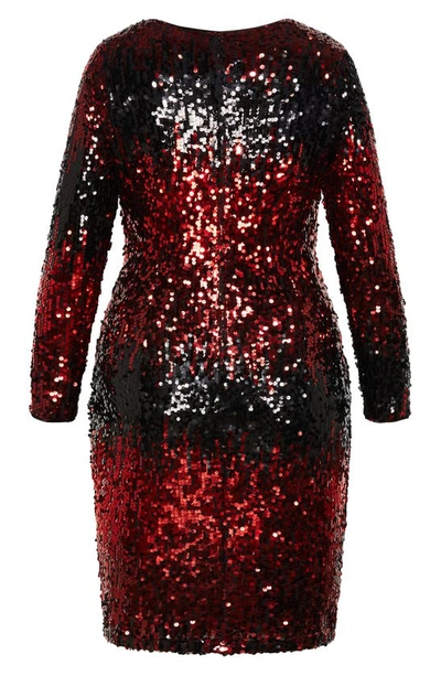 Shop City Chic Irresistible Sequin Long Sleeve Faux Wrap Dress In Ruby/ Black