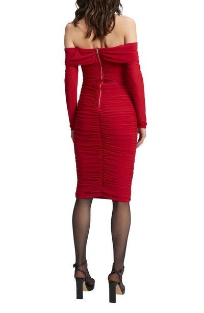 Shop Bardot Helena Ruched Off The Shoulder Long Sleeve Mesh Dress In Fire Red