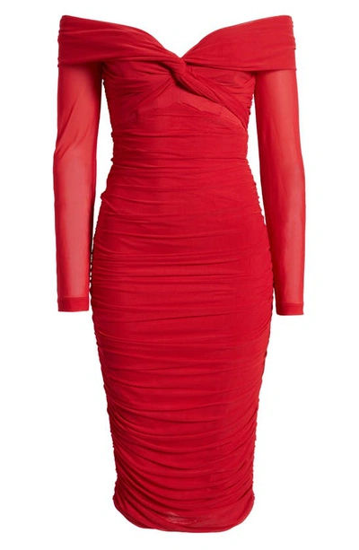 Shop Bardot Helena Ruched Off The Shoulder Long Sleeve Mesh Dress In Fire Red