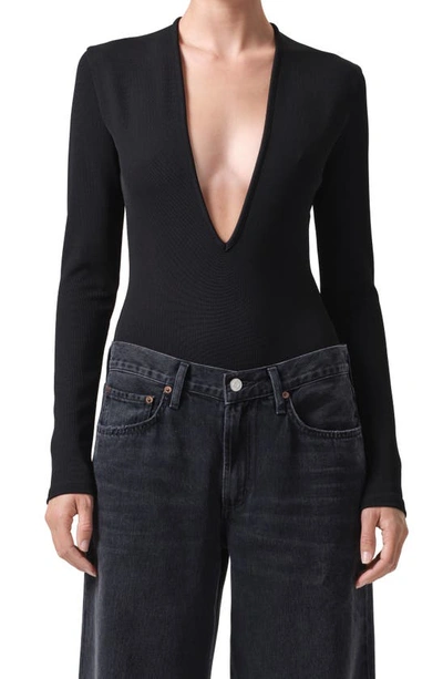 Shop Agolde Zena Plunge Long Sleeve Bodysuit In Black
