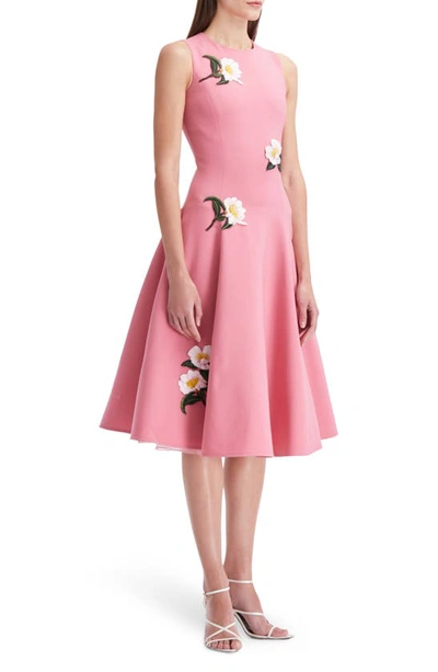 Shop Oscar De La Renta Gardenia Appliqué Sleeveless Fit & Flare Dress In Dark Rose