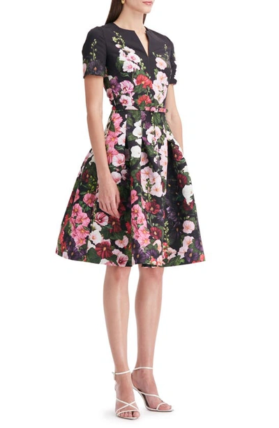 Shop Oscar De La Renta Hollyhock Print Belted Fit & Flare Dress In Pink/ Black