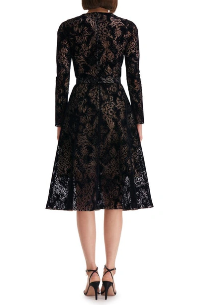 Shop Oscar De La Renta Flocked Floral Lace Belted Long Sleeve Dress In Black