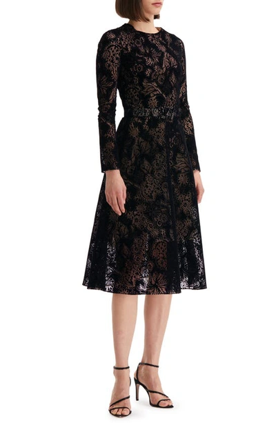 Shop Oscar De La Renta Flocked Floral Lace Belted Long Sleeve Dress In Black
