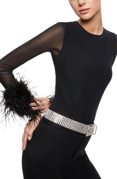 Shop Alice And Olivia Delaina Feather Cuff Mixed Media Top In Black