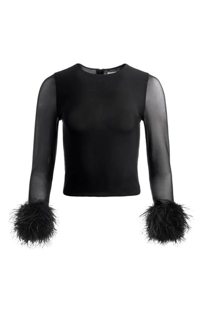 Shop Alice And Olivia Delaina Feather Cuff Mixed Media Top In Black