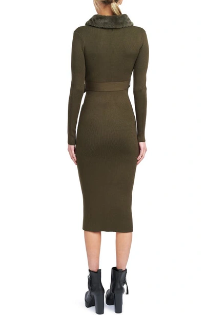 En Saison Long Sleeve Belted Midi Dress With Faux Fur Collar In Olive In Olive