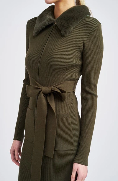 En Saison Long Sleeve Belted Midi Dress With Faux Fur Collar In Olive In Olive