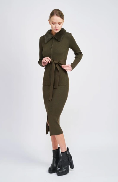 En Saison Long Sleeve Belted Midi Dress With Faux Fur Collar In Olive In Olive