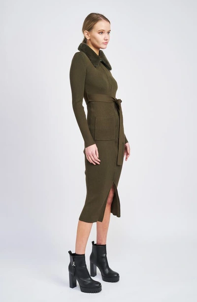 En Saison Long Sleeve Belted Midi Dress With Faux Fur Collar In Olive In Olive