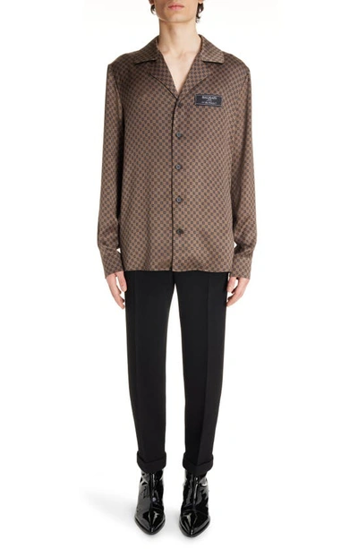 Shop Balmain Mini Monogram Pajama Shirt In Brown/ Multi