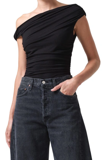 Shop Agolde Hilma Twist One-shoulder Bodysuit In Black