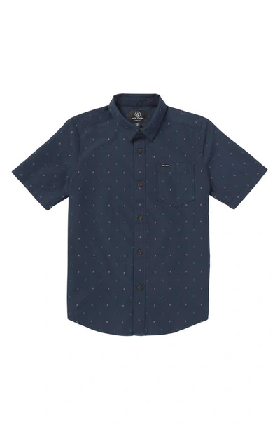 Shop Volcom Kids' Honestone Geo Print Short Sleeve Button-up Shirt In Navy