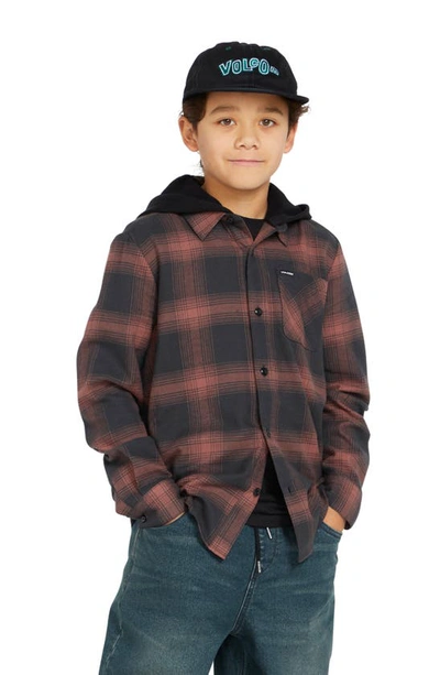 Shop Volcom Kids' Neatstone Hooded Plaid Flannel Button-up Shirt In Stealth