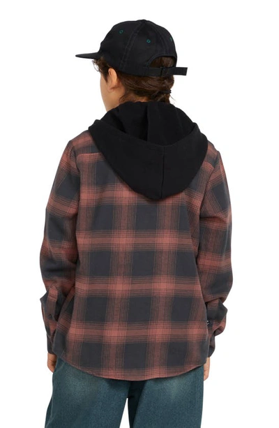 Shop Volcom Kids' Neatstone Hooded Plaid Flannel Button-up Shirt In Stealth